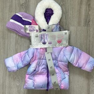 Snozu Snow Fleece- Lined Puffer Jacket 2T with Fleece Hat in Purple and Pink